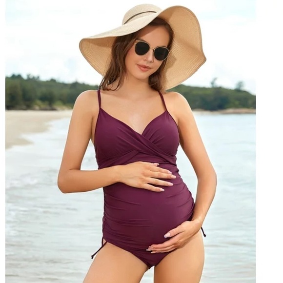 Solid Wine Color Retro Maternity 2pc Tankini Swimsuit Large NWT Spaghetti Straps - Picture 11 of 11